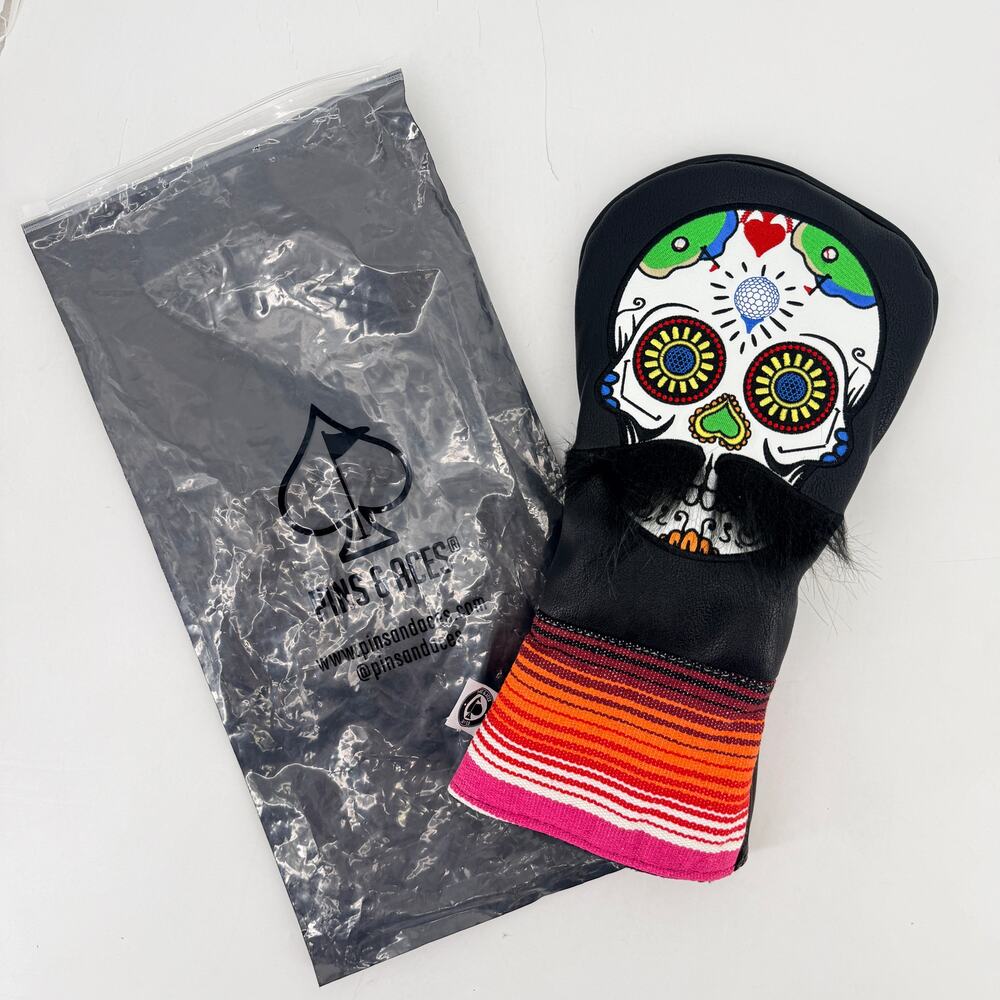 Pins & Aces Día de Muertos Sugar Skull Mustache Golf Club Headcover Black